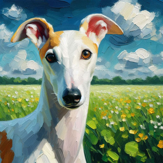 WhiteandFawnGreyhoundYellowFlowers